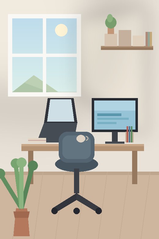Tidy modern home office workspace with desk, ergonomic chair, laptop and plants